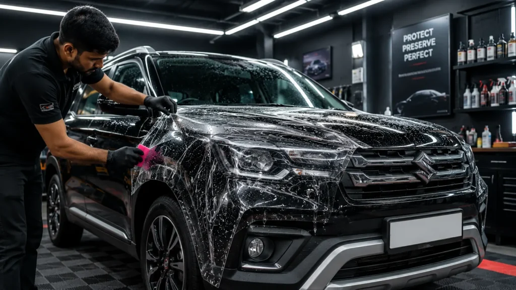 PPF Coating being applied to a black car in a professional detailing garage