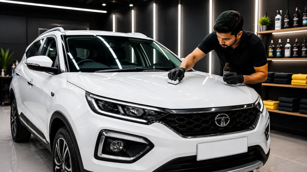 Ceramic Coating Services being professionally applied to a white Indian car in a detailing studio