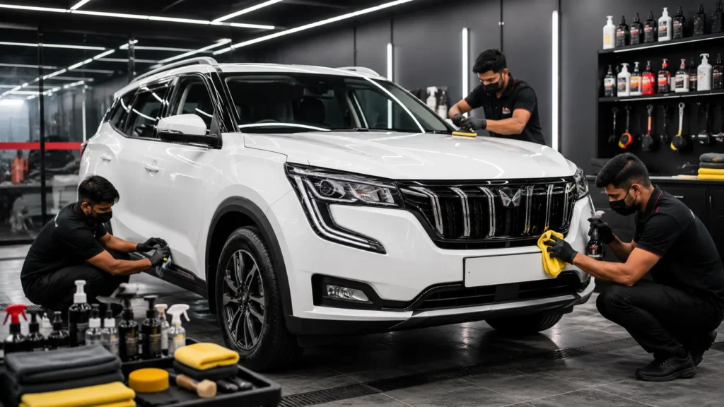 Car detailing services being performed on a white SUV by professional technicians in a detailing