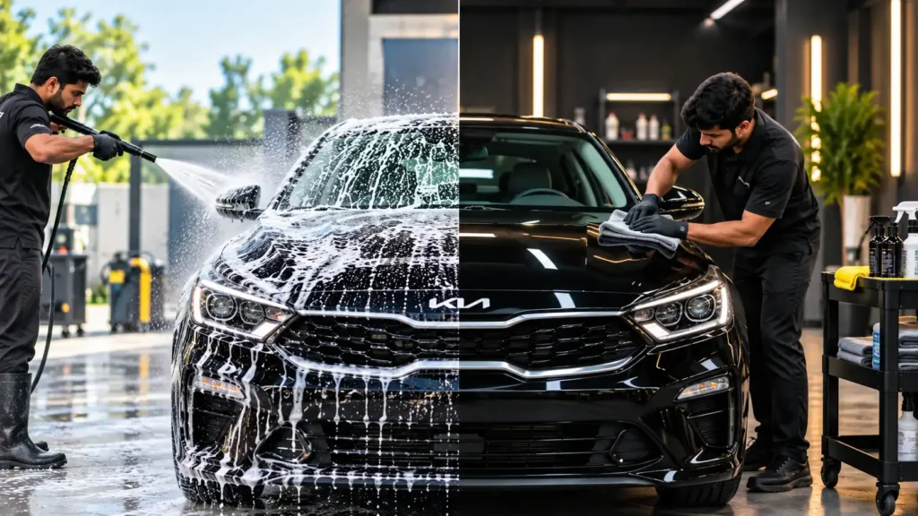 Car detailing vs car washing showing a split view of a car being washed with foam and professionally polished.