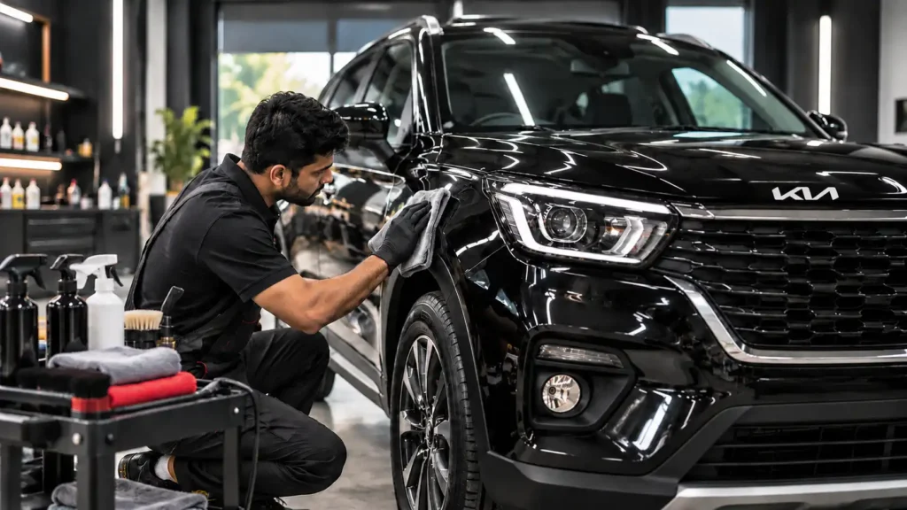 Professional car detailing service showing a technician cleaning and polishing a black car.