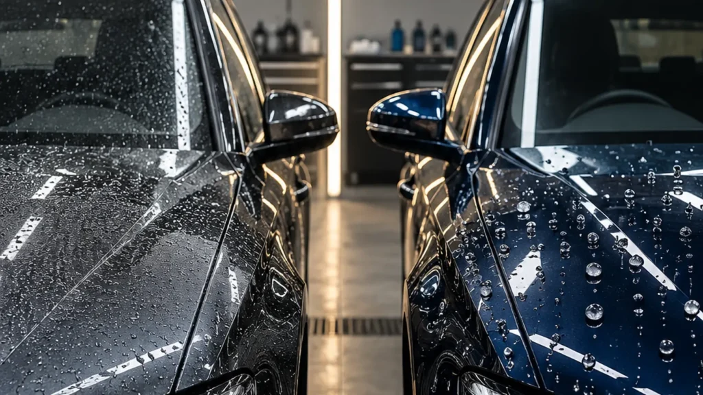 9H vs 10H ceramic coating comparison featuring two luxury cars with water-repellent surfaces in a professional car detailing studio.