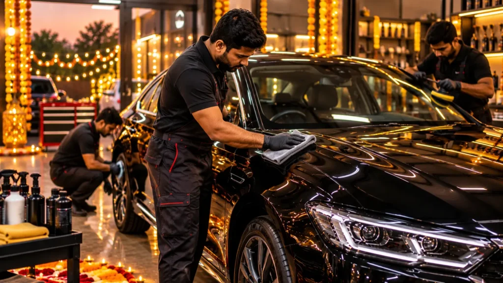 Car detailed before Diwali by professional detailers in a decorated garage with festive lights